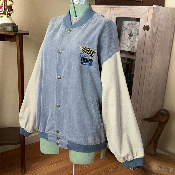 Vintage 90s Denim Bomber Racing Varsity Jacket Beige Sleeves Snap Buttons Retro - Picture 5 of 13